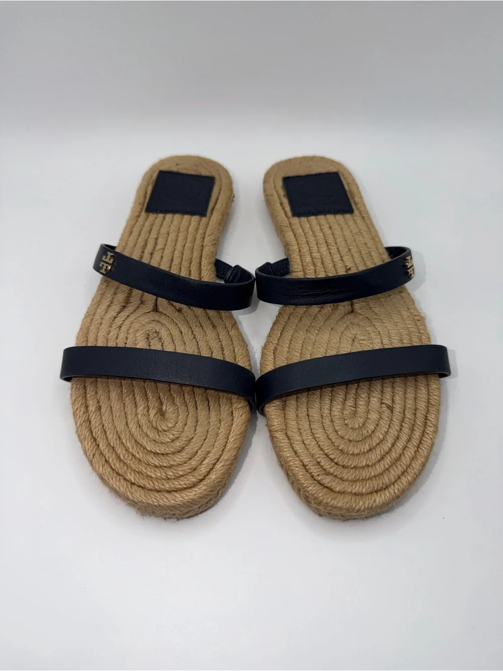 Tory Burch Black Leather Double-Strap Espadrille Slide Sandals